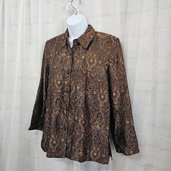 Vintage Drapers & Damons Blouse Brown Burgundy Jacquard Brocade Button-Down M - Picture 5 of 12